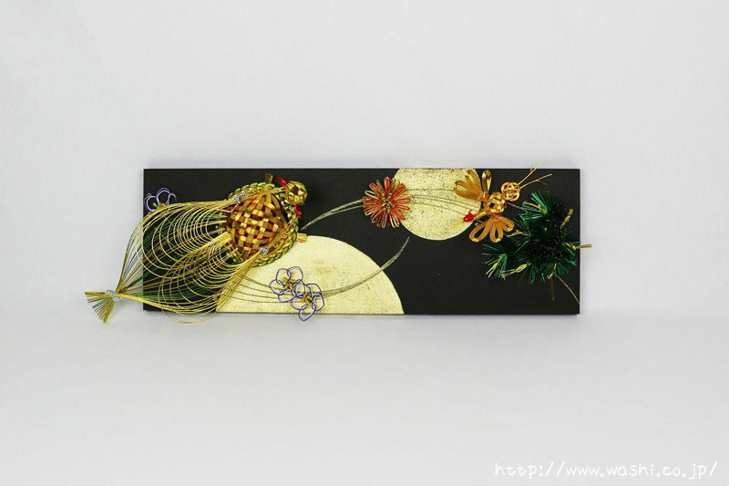 墨デザインの結納水引リメイクパネル（鶴亀と松梅の水引飾りアレンジ例）