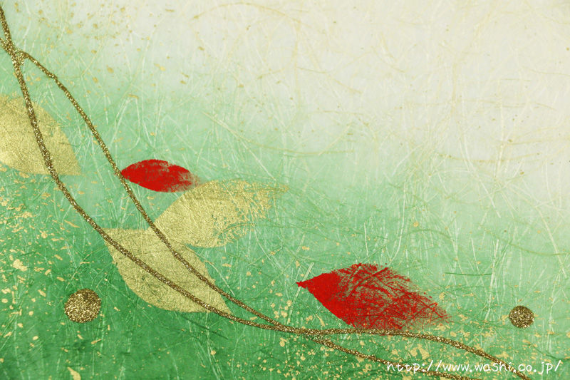 緑色のグラデーション染めをベースに、葉っぱをモチーフとしたボタニカルテイストの創作和紙（デザイン部分アップ）