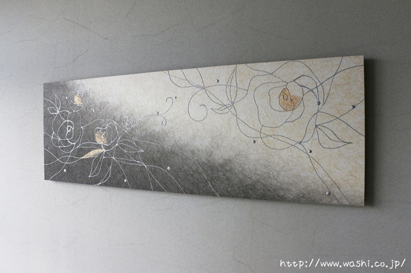 バラ柄と墨グラデーション和紙のインテリアアートパネル