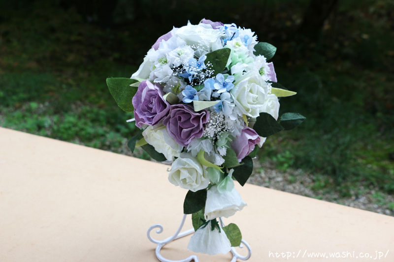 結婚1周年紙婚式 お客様オリジナルの白と淡い紫が印象的な和紙製ブーケ・花束