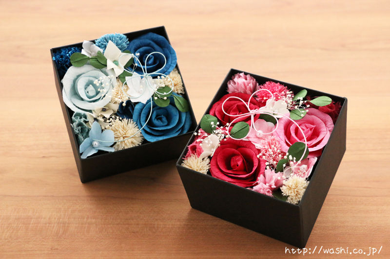 結婚1周年（紙婚式）プレゼントにオススメの和紙の花フラワーボックス(赤系、青系)