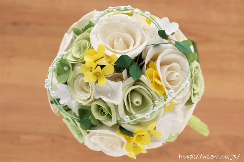 菜の花とバラの和紙の花束・ブーケ（結婚記念日・紙婚式のプレゼント）上部
