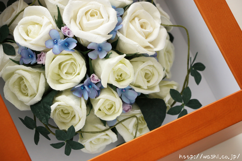和紙の花ペーパーフラワーで、痛んだ結婚式のプリザーブドフラワーを元の美しい姿に再現。３Dフレーム・立体額 (繊細な色表現)