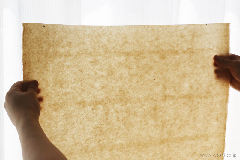 三椏の和紙を白いカーテン越しの光に透かしている様子。繊維の動きや、光の透過具合がわかる。