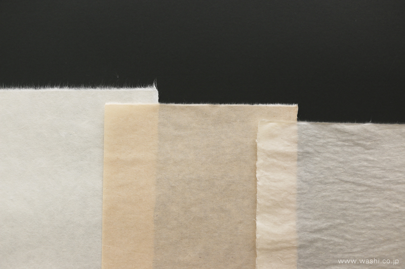 黒い背景の上に、水切りをした3種類の和紙（左から楮、三椏、雁皮）を並べ、繊維の出方を比較している写真。