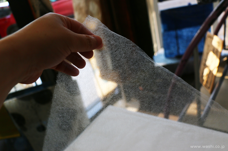 極薄の楮紙「土佐典具帖紙 3ｇ」を光に透かしている様子。紙の薄さと、繊細な繊維の質感がわかる。