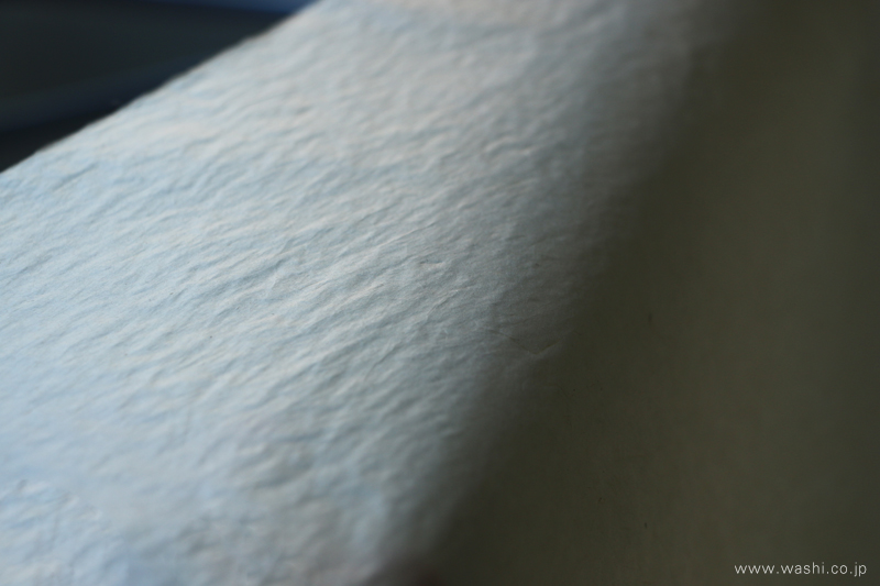 雁皮紙の表面の接写。滑らかで艶のある表面と、細かな凹凸の表情が見える。