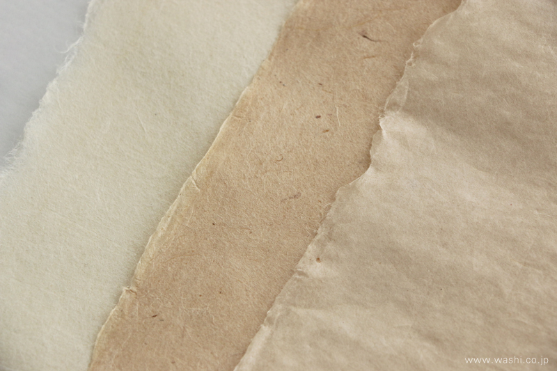 左から楮、三椏、雁皮の和紙を重ね、それぞれの自然な色味や繊維の表情の違いを接写で写した写真。