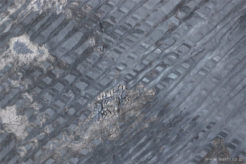 和紙ミニアートパネル「翳（かげり）」の表面。墨の濃淡と櫛引の技法による、布地のような複雑なテクスチャー。