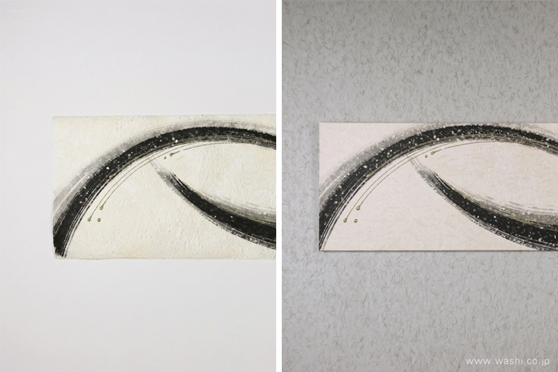 創作デザイン和紙がアートパネルに生まれ変わるビフォーアフター(左:加工前の和紙、右:完成したパネル)